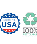 Made In The USA logo with 100% recyclable symbol for chrome drip pan set for Frigidaire Kenmore, 6 inch and 8 inch pans, eco-friendly design.
