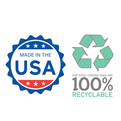 Made In The USA logo with 100% recyclable symbol for chrome drip pan set for Frigidaire Kenmore, 6 inch and 8 inch pans, eco-friendly design.