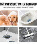 All In One High Pressure Shower System With 4 Spray Handheld Head in use for dog wash, toilet rinse, and floor cleaning.