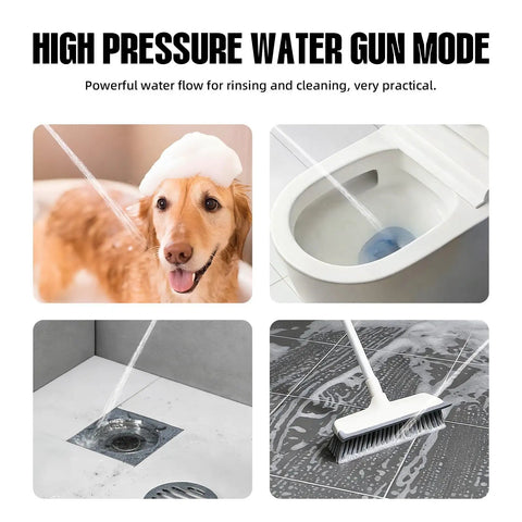 All In One High Pressure Shower System With 4 Spray Handheld Head in use for dog wash, toilet rinse, and floor cleaning.