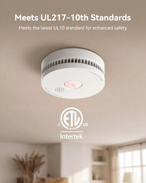 9V Battery Powered Photoelectric Smoke Alarm With Low Battery Alert No Fuss Install UL217 10th Edition Listed GS509A White Smoke Detector For Home Safety And Early Smoldering Fire Detection mounted on ceiling