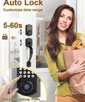Woman entering door with Fingerprint Door Lock Set With Keyless Entry Knob And Lever Handle, Matte Black Electronic Keypad Deadbolt With Auto Lock, Code Door Lock, 2 Keys, No Fuss Installation For Front Doors, All In One Home Security Upgrade visible