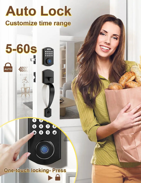 Woman entering door with Fingerprint Door Lock Set With Keyless Entry Knob And Lever Handle, Matte Black Electronic Keypad Deadbolt With Auto Lock, Code Door Lock, 2 Keys, No Fuss Installation For Front Doors, All In One Home Security Upgrade visible