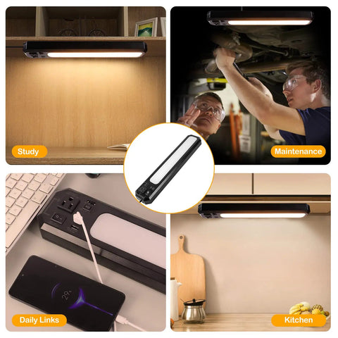 18 Inch Plug In Under Cabinet Lighting with 1000 Lumen LED, 5 Foot Cord, Dual USB Ports, 120V 3 Prong Outlet, installed in kitchen and garage.