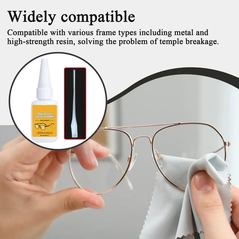 Person cleaning glasses with cloth, bottle of Glasses Repair Glue For Instant Bonding Of Eyeglass Frames With A Fine Tip Applicator.