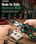 4 In 1 Wire Stripping And Testing Pliers With Built In Voltage Tester For Cutting, Crimping, And Pulling Wires, Handy On The Job Electrician Tool Pliers That Are Compact, Durable, And Easy To Store, Green, shown stripping a red wire