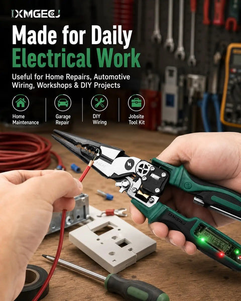 4 In 1 Wire Stripping And Testing Pliers With Built In Voltage Tester For Cutting, Crimping, And Pulling Wires, Handy On The Job Electrician Tool Pliers That Are Compact, Durable, And Easy To Store, Green, shown stripping a red wire