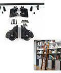 Rugged Smooth Operator Sliding Ladder Track Kit For Loft Library Storage with metal and wood components for easy shelving access.