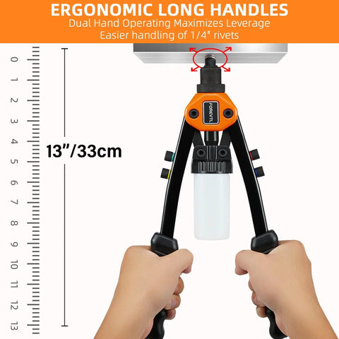 Quarter Inch Pop Rivet Gun Kit With 210 Blind Rivets And Five Tool Free Interchangeable Heads For Quick Repairs In Metal Plastic And Automotive Work Thirteen Inch Heavy Duty Manual Riveter With Ergonomic Double Handles in use, showcasing 13-inch ergonomic handles.