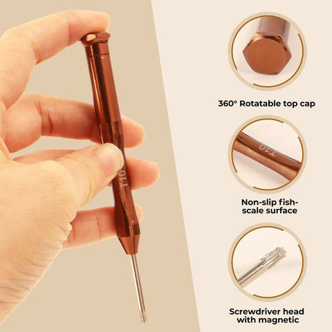 Close-up of 8pc Mini Magnetic Torx Screwdriver Set for Electronics with 360° rotatable cap and fish-scale handle surface.