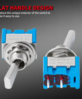 Mini SPST Toggle Switch On Off 2 Position Slick Flat Micro Toggle visible with blue casing and flat handle design