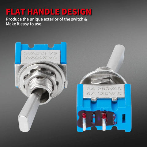 Mini SPST Toggle Switch On Off 2 Position Slick Flat Micro Toggle visible with blue casing and flat handle design