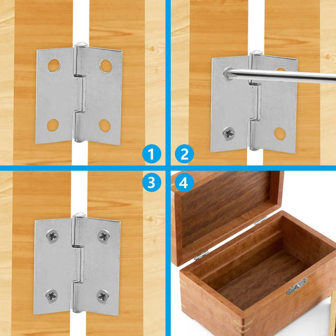 Piutouyar six-pack 1-inch 304 stainless steel butt hinges with mounting screws for boxes and cabinets; shown installed on wood panels.