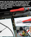 4 Pack 2mm Extended Needle Test Probes Pro Grade For Multimeters 600V 10A Non Destructive Insulation Piercing Stainless Steel Ultra Sharp Tips Great For Fluke Meters And Other Popular Test Leads Black Red, showing multimeter connection and insulated tips.