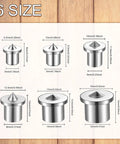 6 sizes of Pro Grade Dowel And Tenon Center Pins Set in chrome steel for precise wood joint alignment.