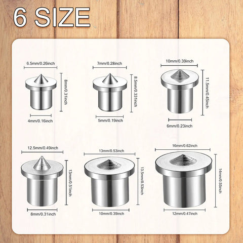 6 sizes of Pro Grade Dowel And Tenon Center Pins Set in chrome steel for precise wood joint alignment.
