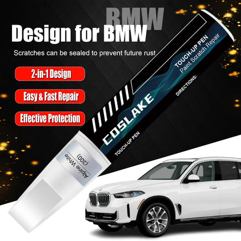 BMW Alpine White 300 Dope Touch Up Paint Kit With 2 In 1 Scratch Remover Pen featuring a white BMW car