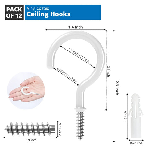 Heavy Duty Ceiling Hooks Set Of 12 2.9 Inch Vinyl Coated Hooks For Hanging Plants Cups And Lights With Screw Plugs White Durable