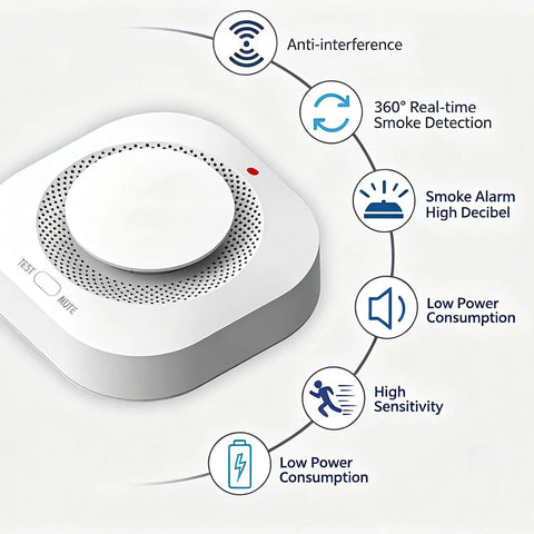Close-up of Dual Sensor Smoke Detector And Fire Alarm 4 Pack Kit with test and mute buttons, showcasing design features.