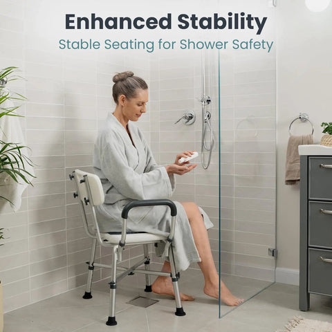 Heavy Duty Shower Chair For Elderly And Disabled With Padded Armrests And Back Adjustable Height Bath Seat Built Tough Non Skid Base Solid Grip Zero Worries Everyday Bathroom Safety Blue in a shower setting.