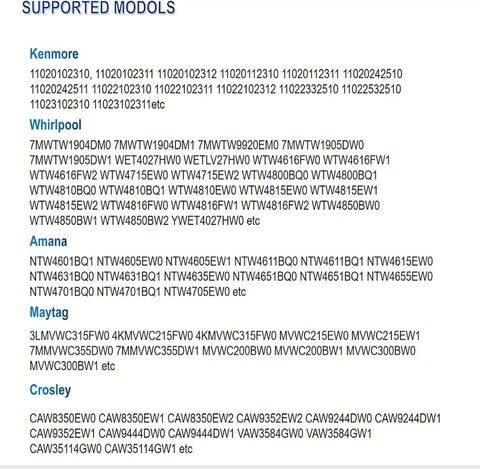 List of supported washer models for Washer Suspension Rod Kit 26.7 Inch Complete Replacement For Amana Whirlpool Kenmore