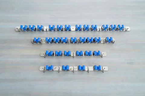 9 Slot Wall Mounted Garden Tool Rack With 6 Hooks In Blue Steel, showing multiple sections of the heavy duty hanger system
