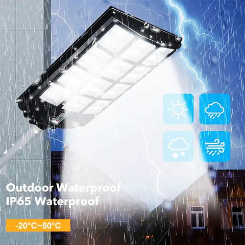 JUDYSSY Solar Street Lights Outdoor Remote Control, 2400W High Brightness Dusk to Dawn Led Lamp, Ip65 Waterproof Flood Lights for Parking, mounted on wall in rain.