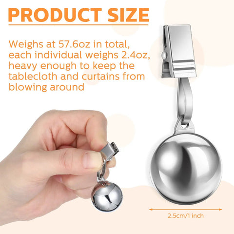 Hand holding 12 Pack Stainless Steel Tablecloth Weights With Clips For Outdoor Picnic Garden Patio Party Camping Dinner Table Cover Stay Put Rustproof Easy Clamp On Stabilizers