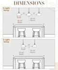 Dimensions for JAZAVA 10-Inch Brushed Gold Pendant Light setups: 2-light and 3-light configurations over a dining table.