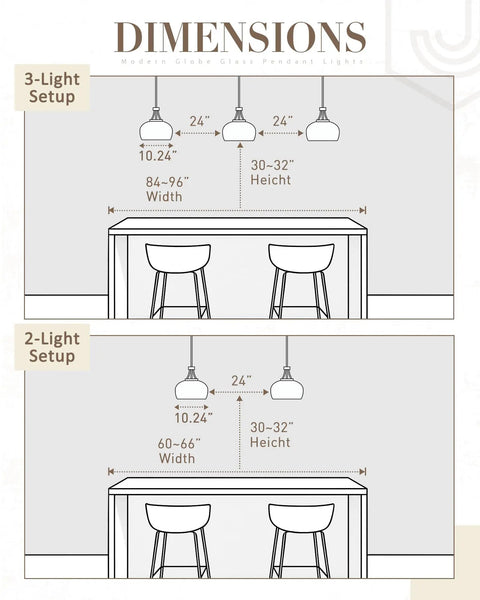 Dimensions for JAZAVA 10-Inch Brushed Gold Pendant Light setups: 2-light and 3-light configurations over a dining table.