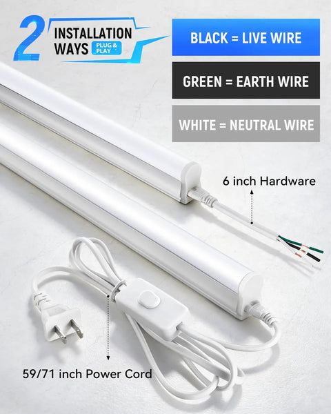4Ft T5 LED Shop Light Integrated Fixture 2300 Lumens 20W 6500K Cool White Linkable Corded Ceiling Cabinet Strip Light With On Off Switch and power cords shown.