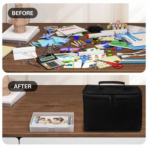 5x7 Photo Storage Box Set With 8 Inner Photo Cases shown organizing messy desk with carry bag and labeled compartments before and after