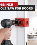 Go-To Wood Door Lock Installation Kit With Adjustable Guide Template And Hole Saw Set For Deadbolts And Knobs Solid Mounting For 1-3/8 To 1-3/4 Inch Doors showing a 2-1/8 inch hole saw attached to a drill.