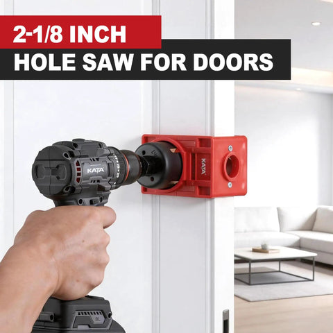 Go-To Wood Door Lock Installation Kit With Adjustable Guide Template And Hole Saw Set For Deadbolts And Knobs Solid Mounting For 1-3/8 To 1-3/4 Inch Doors showing a 2-1/8 inch hole saw attached to a drill.