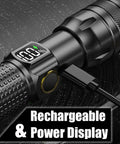Rechargeable LED Flashlight With Digital Power Display And Zoomable Beam, USB C Charging, showing digital power readout and cable