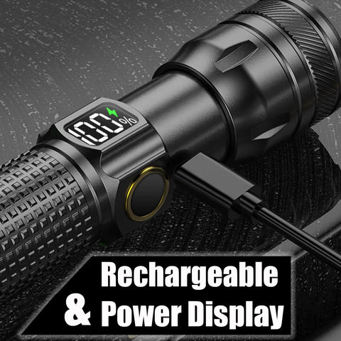 Rechargeable LED Flashlight With Digital Power Display And Zoomable Beam, USB C Charging, showing digital power readout and cable