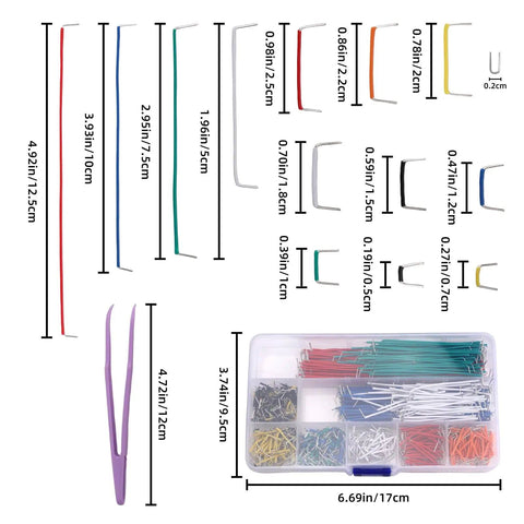 840 Piece Breadboard Jumper Wire Kit With 14 Sizes From 2mm To 125mm Solderless Flexible Cables For PCB Prototyping And Circuit Building Includes Tweezers Perfect For DIY Electronics Builds, shown with wire size chart and case