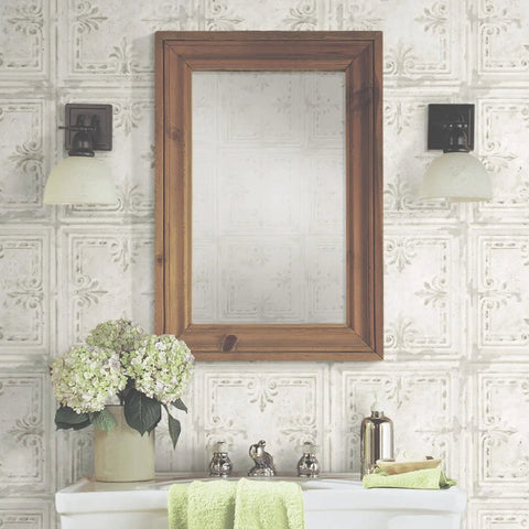 White Tin Tile Metallic Peel And Stick Wallpaper Easy Install DIY Friendly Repositionable And Removable No Mess Accent Wall Decor 20.5 Inch Wide By 16.5 Feet Long Covers About 28.2 Sq Ft in bathroom with mirror and sconces