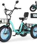 Electric Tricycle For Adults With 3 Wheels And Rear Differential, 500W And 750W Motor, Fat Tires 20x3 And 20x4, Stable And Easy Ride For Seniors, Smooth Control, Powerful Assist, Long Range Battery, mint green side view with rear basket