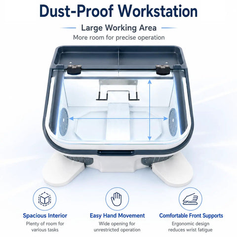 Zhenyuwang Desktop Dental Dust Collector with Bright 3 Sided Shadow Free Led Lights For Precision Work And Easy Tiered Cleanup System Perfect For Clean And Professional Oral Care Workspace Efficiency, showing spacious interior and ergonomic design.