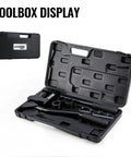 Heavy Duty Stud Punch Set For Sheet Metal 7/8, 1-1/8, And 1-11/32 Inch Holes, 20GA Steel in black toolbox open view