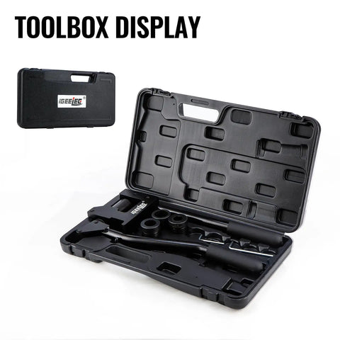 Heavy Duty Stud Punch Set For Sheet Metal 7/8, 1-1/8, And 1-11/32 Inch Holes, 20GA Steel in black toolbox open view