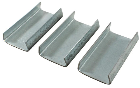 Three open seals for steel strapping, industrial grade, 3/8 to 3/4 inch banding, image of metal clips in a row