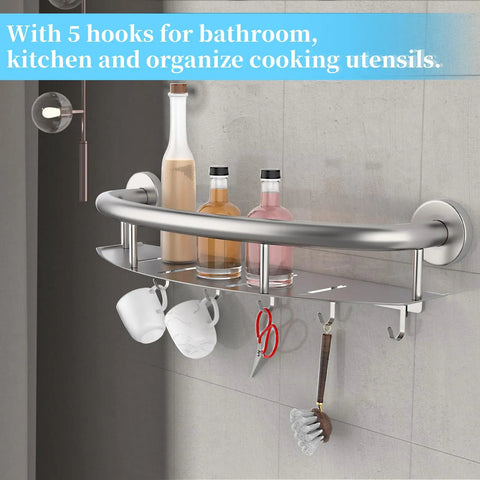 18 Inch Shower Grab Bar With Storage Shelf Brushed Nickel Stainless Steel Handicap Safety Rail with 5 hooks and shelf for organization.