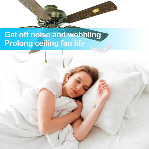 Ceiling Fan Balancing Kit With 20 Pieces And 5 High Calibration Blade Balance Tools in use, woman sleeping under quiet fan
