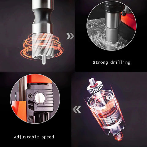 Powerful 1500W Electric Magnetic Drill Press with Heavy Duty Copper Motor, showcasing adjustable speed and strong drilling action.