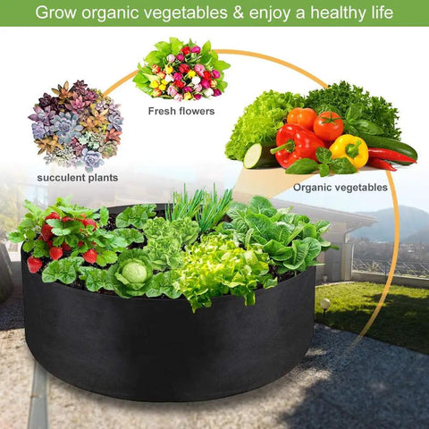15 Gallon Heavy Duty Felt Fabric Grow Bag Planter For Backyard Indoor Outdoor Gardens, filled with vegetables and herbs.