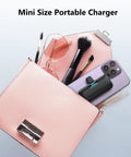 Compact USB C Power Bank With Built In USB C Connector 5000mAh PD Fast Charging Battery Pack, in pink purse with phone and accessories