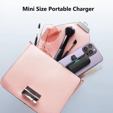 Compact USB C Power Bank With Built In USB C Connector 5000mAh PD Fast Charging Battery Pack, in pink purse with phone and accessories