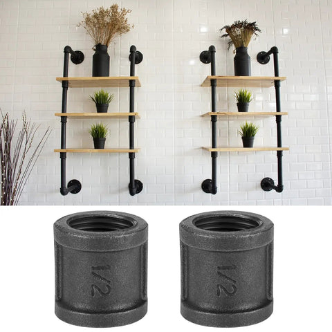Pack Of Twenty Half Inch Iron Cast Pipe Couplings For Vintage DIY Furniture And Industrial Decor Projects, Heavy Duty Malleable Iron Fittings For Standard Threaded Pipes, Rust Resistant And Ready To Build. 1/2 inch iron pipe coupling shown with wall shelf
